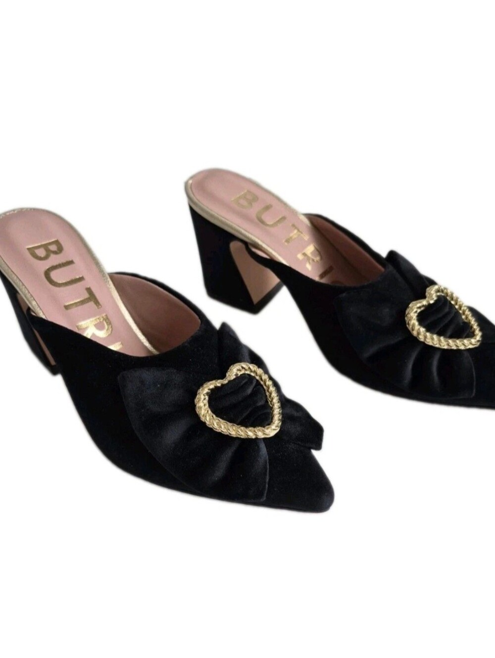 Butrich Shoes Black Suede Gold Heart Bow Mule Slip On Size 38 (7.5) NEW